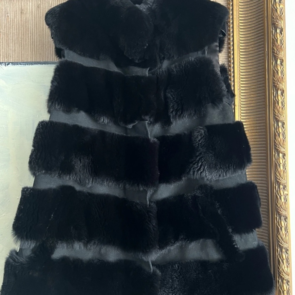 Diane Von Furstenberg Black real rex rabbit fur vest striped coat jacket